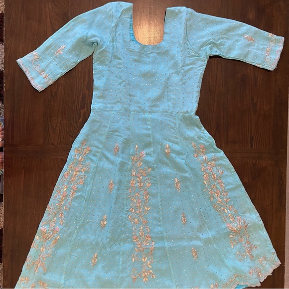 3pc Pink & Blue Indian Anarkali Suit With Salwaar - Picture 2 of 15